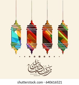 Illustration of Ramadan Mubarak with Arabic lamps and calligraphy for the celebration of Muslim community festival.