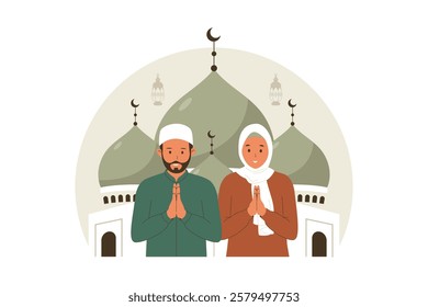 Illustration of ramadan mubarak greeting with people character. Illustrations for websites, landing pages, mobile apps, posters and banners. Trendy flat vector illustrations