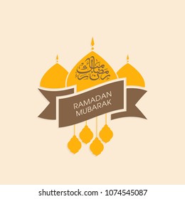 Illustration of Ramadan Mubarak with intricate Arabic calligraphy,mosque tombs and lamps for the celebration of Muslim community festival.
