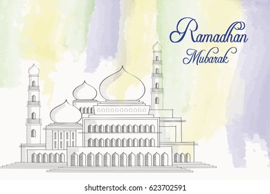 Illustration of Ramadan Mubarak with Water Color and Sketch of Mosque