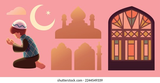 Ilustración de elementos rituales de oración de Ramadán, incluyendo salón de oración para niños musulmanes, nube, media luna con estrella, silueta de mezquita y ventana manchada aislada en un fondo rosa claro.