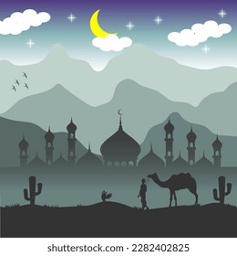 Illustration of Ramadan theme landscape design with Islamic nuances. Illustration of desert landscapes, mosques and camels Arabian nuances