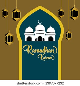 Illustration Ramadhan Kareem Islamic Eid Al Fitr Mubarak with lantern and mosque simple design