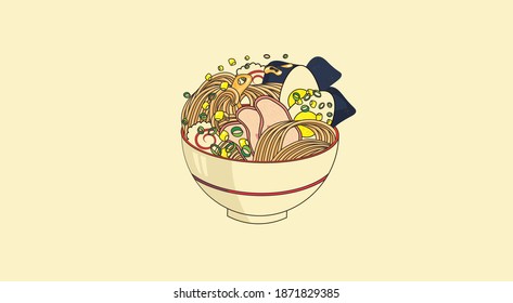 Ilustración de ramen con espacio vacío para texto, sopa de fideos, comida asiática. Arte colorido
