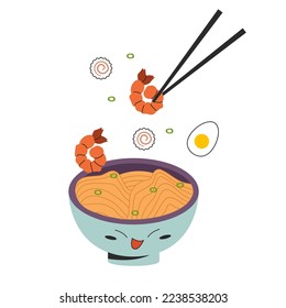 Illustration of ramen with flying ingredients and chopsticks. Vector stock illustration isolated on white background. Flat style 