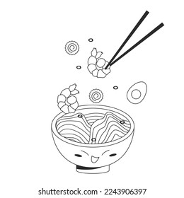 Illustration of ramen with flying ingredients and chopsticks. Vector stock illustration isolated on white background. Outline style 