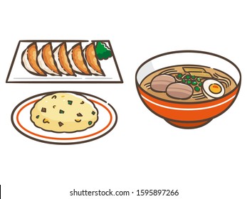 Illustration of ramen, fried rice and gyoza