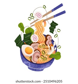 Illustration of ramen with ingredients, chopsticks holding noodles, onion, meat, egg, naruto, enoki mushrooms, nori. Vector drawing of delicious hot noodles