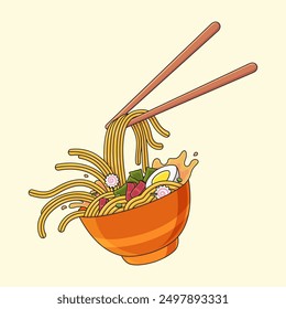 Illustration Of Ramen Noodles Complete With Meat, Eggs, Kamaboko, Seaweed And Chopsticks