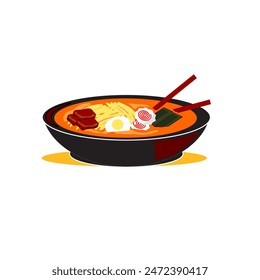 ILLUSTRATION OF RAMEN NOODLES AND MANY TOPPINGS IN A BLACK COLOR BOWL, SUITABLE FOR THE NEED FOR A TEMPLATE ON A POSTER OR MENU BOARD IN A RESTAURANT