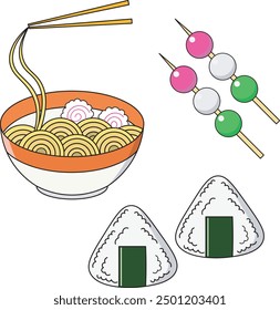 Illustration of ramen,onigiri and dango for japanese food icon