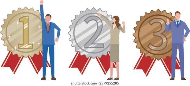 Illustration of a ranking medal and an office worker