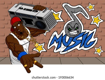 Illustration of rapper bearing a 80s radio on his shoulder. Behind him there is a wall with a graffiti: you can easy clear it and write your text.