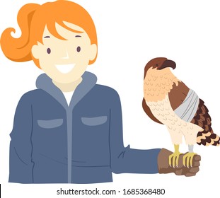 Illustration of a Raptor Handler Girl Wearing Leather Gloves with a Hawk Perched with Bandage