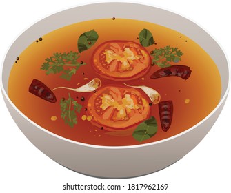 Illustration of Rasam, south indians main item in meal, a veg soup which is very tasty ,spicy and healthy food item arranged in a white bowl 