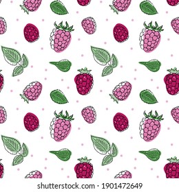 Illustration von Himbeerbeeren und Blättern nahtlos Muster. Einfach süßer Doodle-Stil. Einzige Objekte auf weißem Hintergrund.