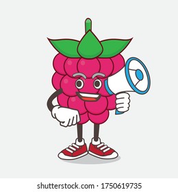 An illustration of Raspberry Fruit cartoon mascot character holding a megaphone