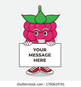 An illustration of Raspberry Fruit cartoon mascot character with funny face hides behind a board