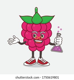 An illustration of Raspberry Fruit cartoon mascot professor character with glass tube