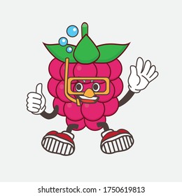 An illustration of Raspberry Fruit cartoon mascot character wearing Diving gears