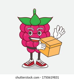 An illustration of Raspberry Fruit cartoon mascot character holding a box