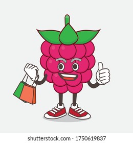 An illustration of Raspberry Fruit cartoon mascot character waving and holding Shopping bags