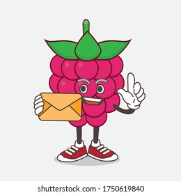 An illustration of Raspberry Fruit cartoon mascot character holding an envelope