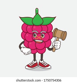An illustration of Raspberry Fruit cartoon mascot character as wise judge with hammer