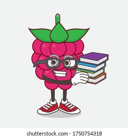 An illustration of Raspberry Fruit cartoon mascot character studying with some books