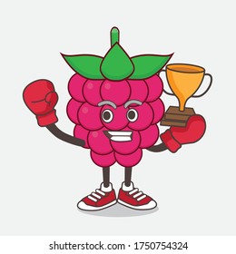 An illustration of Raspberry Fruit cartoon mascot character as Boxing winner