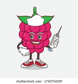 An illustration of Raspberry Fruit cartoon mascot character as nurse with medical syringe