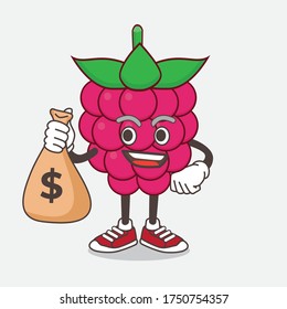An illustration of Raspberry Fruit cartoon mascot character holding money bags