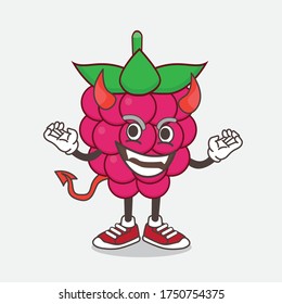 Eine Illustration von Raspberry Fruit Cartoon Mascot-Charakter als roter Teufel mit Hörnern und Schwanz
