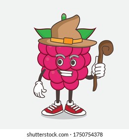 An illustration of Raspberry Fruit cartoon mascot character as a witch wearing hat and staff