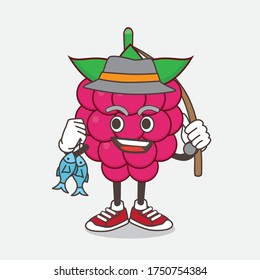 An illustration of Raspberry Fruit cartoon mascot character fishing with 2 fishes