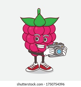 An illustration of Raspberry Fruit cartoon mascot character as photographer in action with a camera