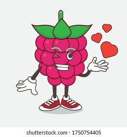 An illustration of Raspberry Fruit cartoon mascot character teasing with heart kiss
