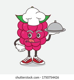 Una ilustración de la mascota de la fruta de frambuesa como chef con comida en la bandeja lista para servir