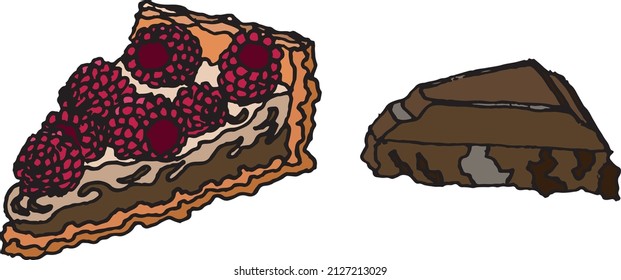 Illustration of raspberry pie and chocolate on a white background. Sweet pie, pie and ingredient, sweets, berries, ready to use, eps. For your design