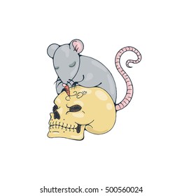 Illustration with rat engraves human skull. Vector image.