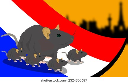 ilustración de una rata sobre una bandera francesa con una silueta de vistas a la ciudad francesa. humanos y ratas viven juntos en el problema de parís
