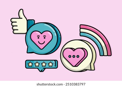 Illustration of rating and review comments on dating apps with heart and rainbow symbols. Can be used for birthdays, parties, Valentine Day, celebrations and printed on t-shirts, hoodies, tote bags