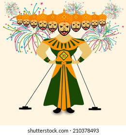 Illustration of Ravana with his ten heads in traditional dress on colorful fireworks decorated background for Dussehra festival celebrations. 