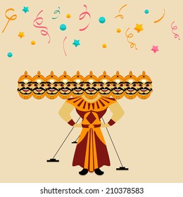 Illustration of a Ravana statue with his ten heads on colorful stars and ribbons decorated background for Happy Dussehra festival. 