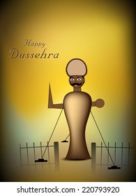 Illustration of Ravana statue with stylish text on abstract background.