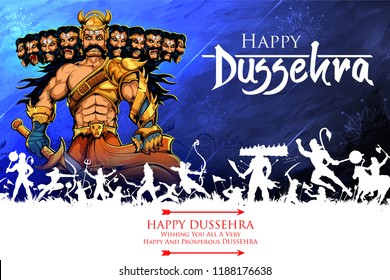 illustration of Ravana with ten heads for Navratri festival of India poster for Dussehra