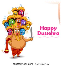 illustration of Ravana with ten heads for Navratri festival of India poster for Dussehra