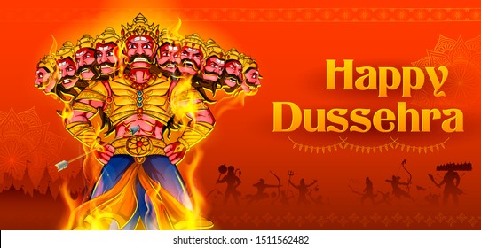 illustration of Ravana with ten heads for Navratri festival of India poster for Dussehra