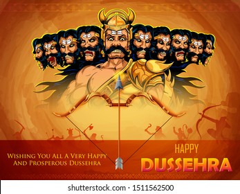 illustration of Ravana with ten heads for Navratri festival of India poster for Dussehra