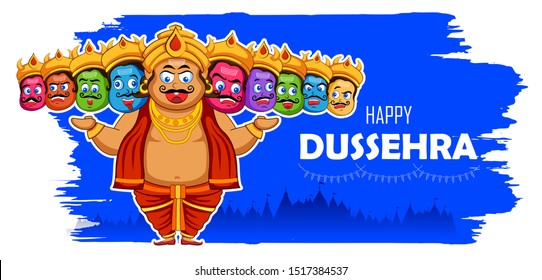 illustration of Ravana with ten heads for Navratri festival of India poster for Dussehra